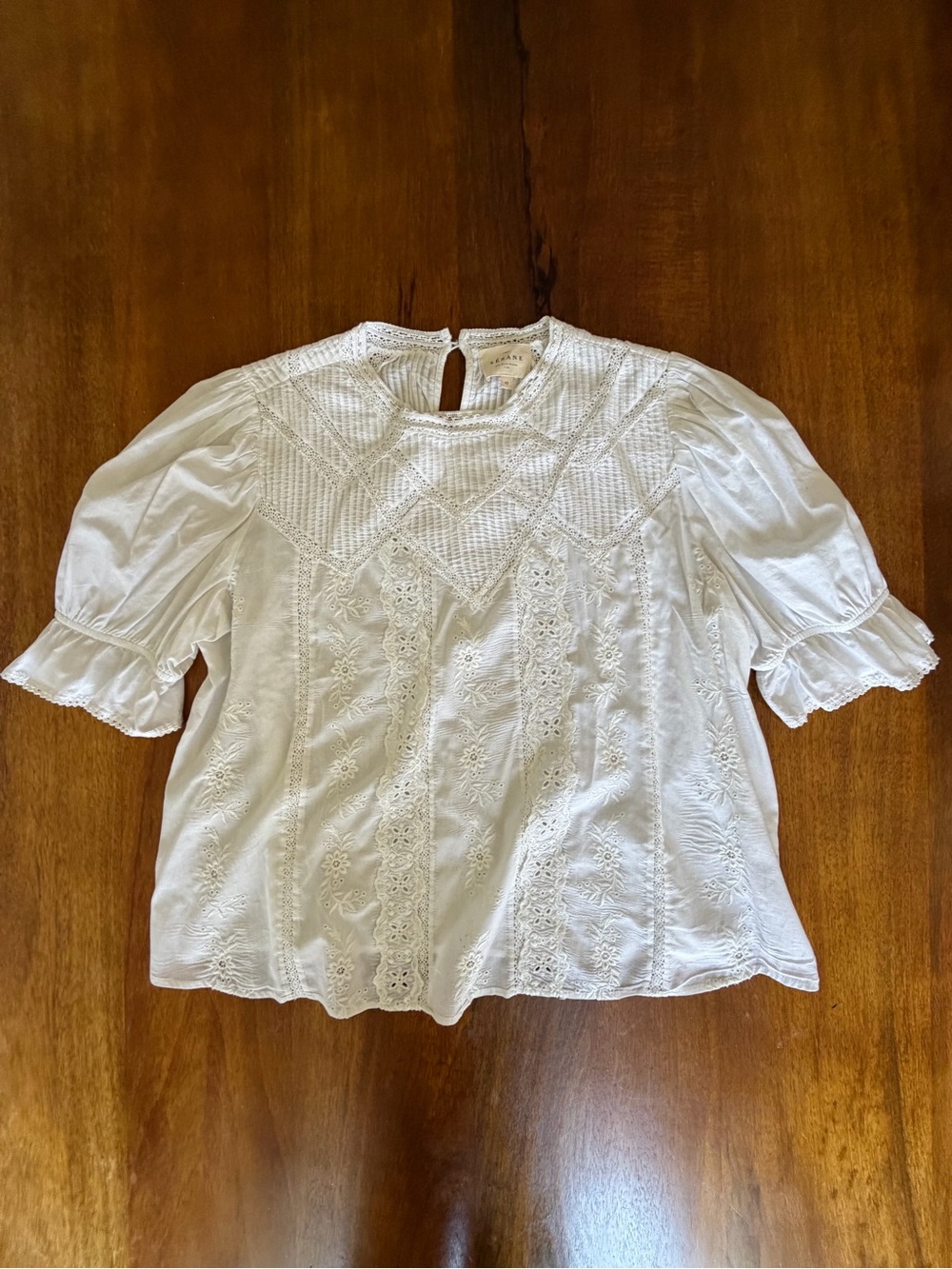 Sezane Bert Blouse - White Lace Embroidered Puff Sleeve Top Size 42